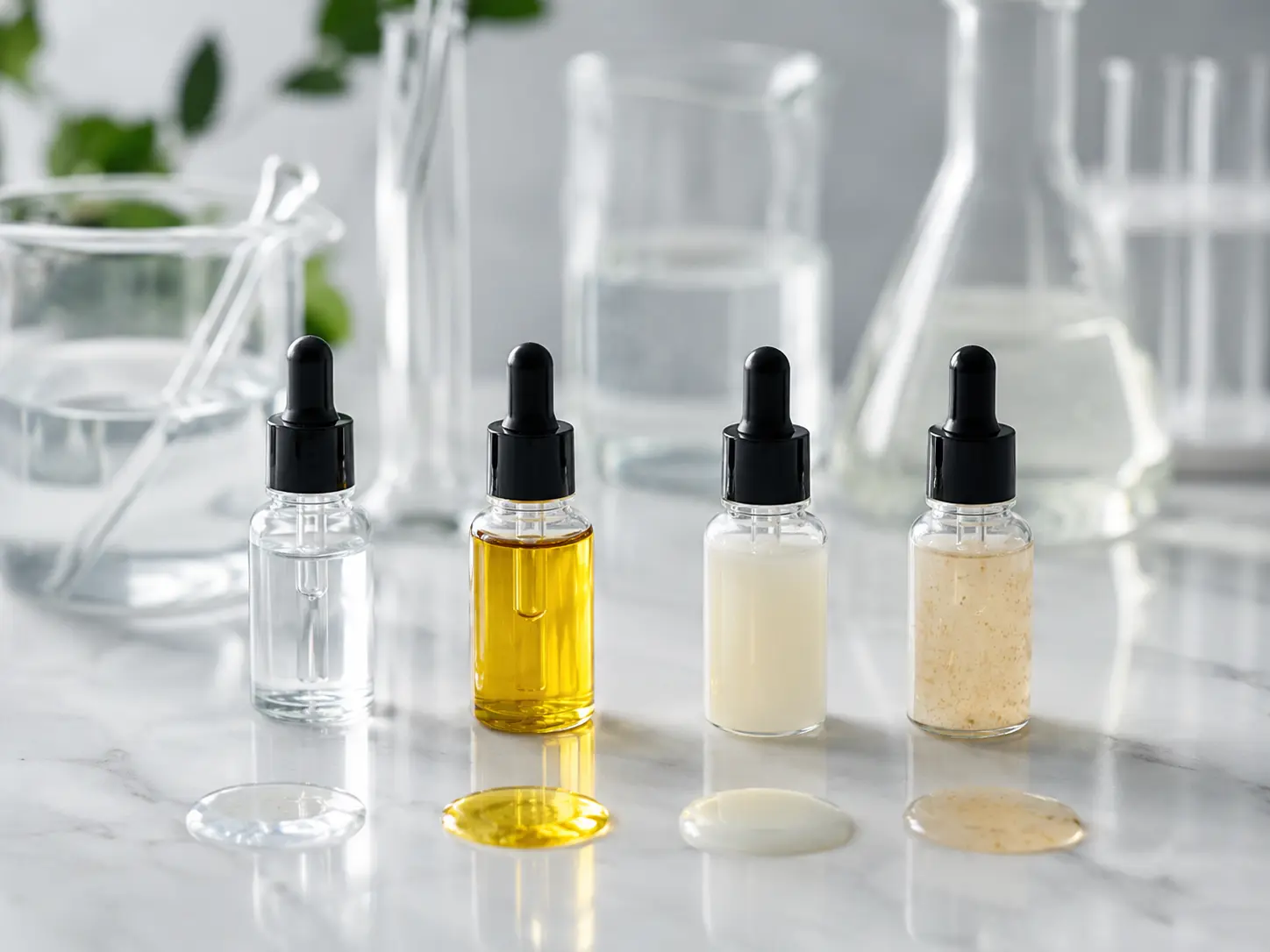 Clear, oil-based, emulsified, and suspended liquid supplement formulation samples.